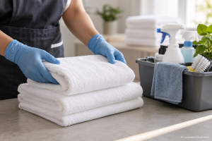AI-generated illustration of housekeeping work with folded towels and cleaning supplies.